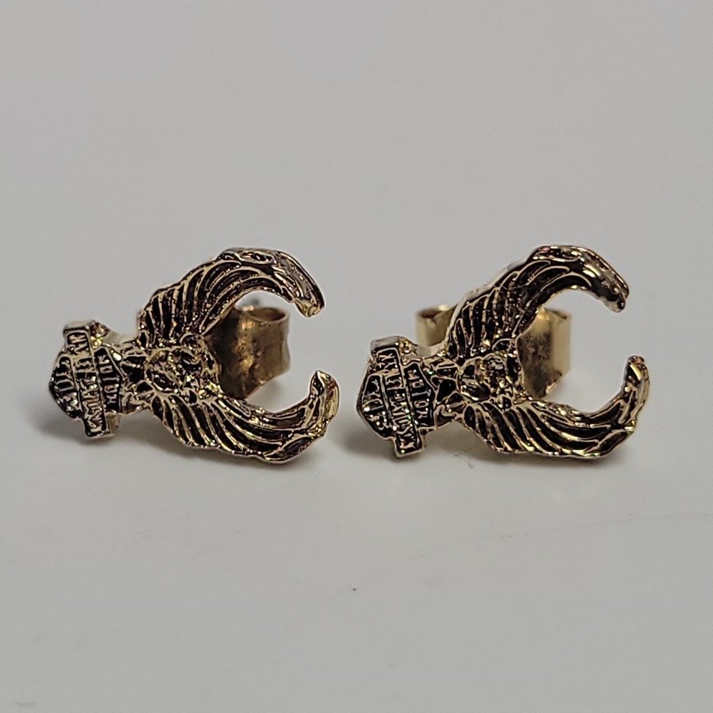Harley Davidson Gold Tone Eagle Wing Bar & Shield Stud Earrings Biker Jewelry